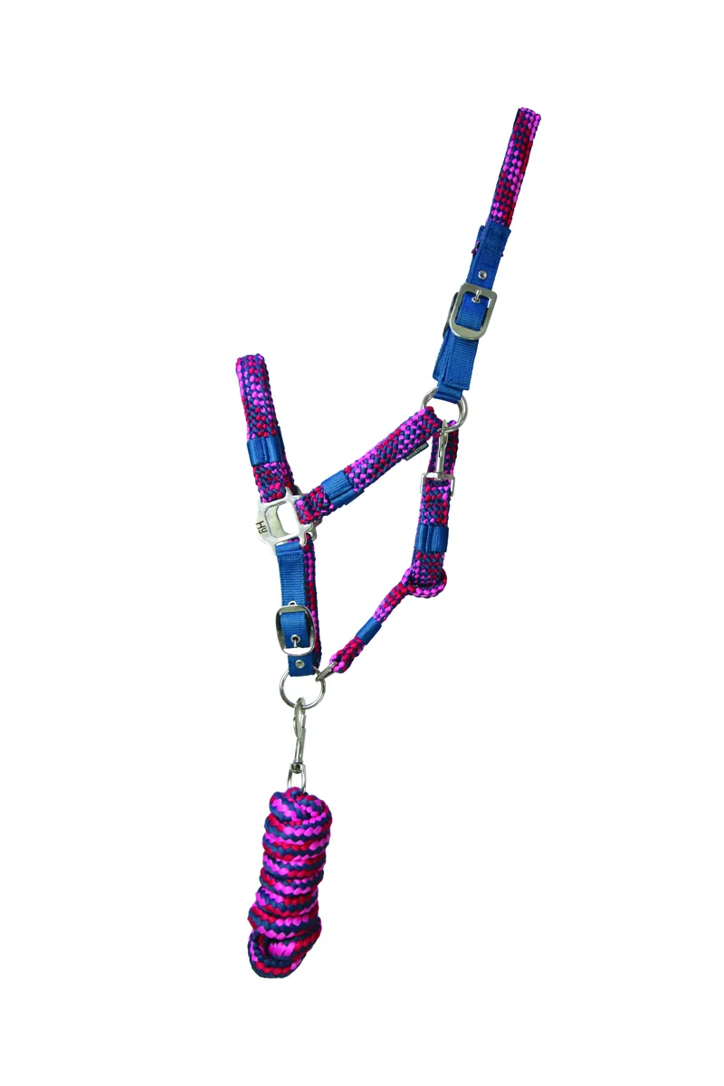 Hy Equestrian Multicolour Adjustable Head Collar With Rope - Petrol/Pink/Magenta